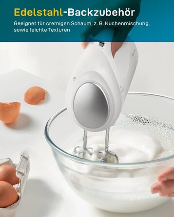 Ручний міксер 350 Вт, 5 швидкостей, з нержавіючої сталі (віночок та гак), ергономічна ручка, довгий кабель, BPA-free – білий KS1 S1
