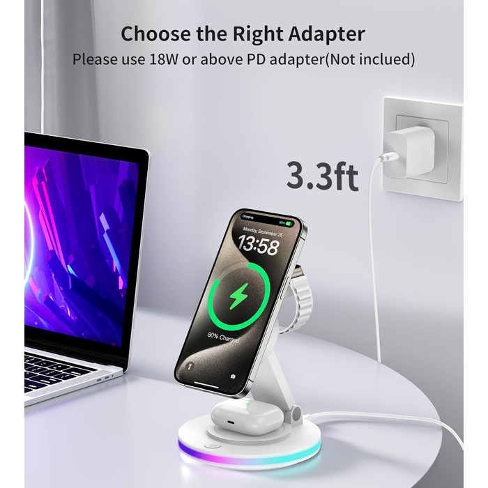 Бездротова зарядка MagSafe 3-в-1: зарядний стан для Apple Watch, iPhone 16/15/14 з нічним світлом, поворотний