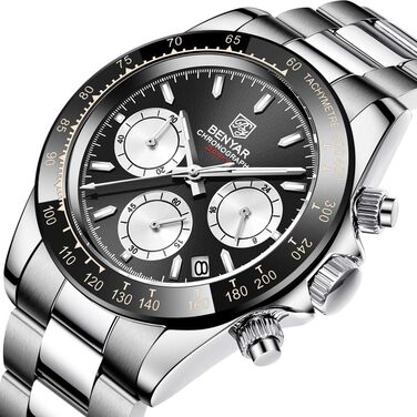 Чоловічий годинник BENYAR з кварцовим механізмом, аналоговий хронограф, бізнес-стиль, водонепроникний, з нержавіючої сталі, для відпочинку та спорту (чорний та білий)