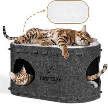 Cat Cave Felt Cat Bed, Cave Cat House for Indoor Cats, Cave with 2 Soft and Warm Cushions, Winter-Proof, Protects Cat Claws, 58W x 33D x 30H cm, (Dark Grey)