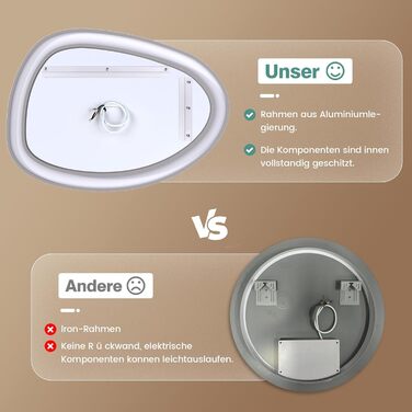 Дзеркало з підсвіткою, асиметричне LED, 75x55 см, з сенсорним вимикачем, антизапар, 3 кольори світла, регулювання яскравості, функція пам'яті, чорний (горизонтальне/вертикальне)