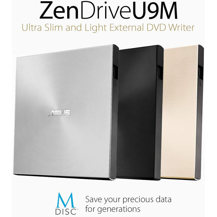 Зовнішній ультратонкий DVD-записувач Asus ZenDrive U9M USB-C/USB-A, сріблястий (для Apple та Windows, з кабелями та ПЗ)
