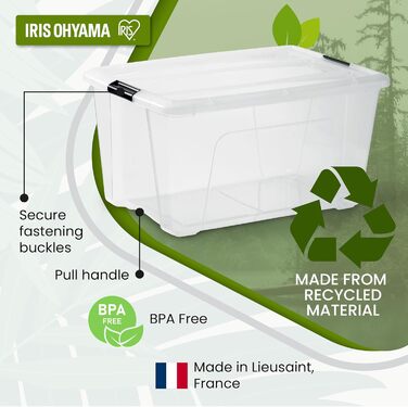 Iris Ohyama Storage Box with Lid, 6-Piece Set, Transparent, Snap Closures with Handles, Stackable, Strong & Durable, For Clothes, Garage, Home, Office, Plastic Box, Storage TB-45 (45L, x4)