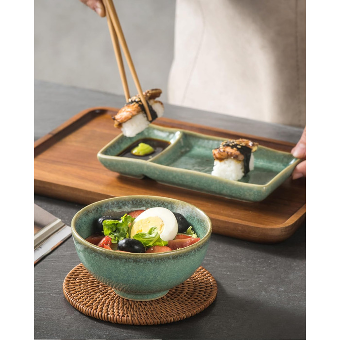 Набір посуду для суші HENXFEN: 2 тарілки, ложки, миски, зелений блиск