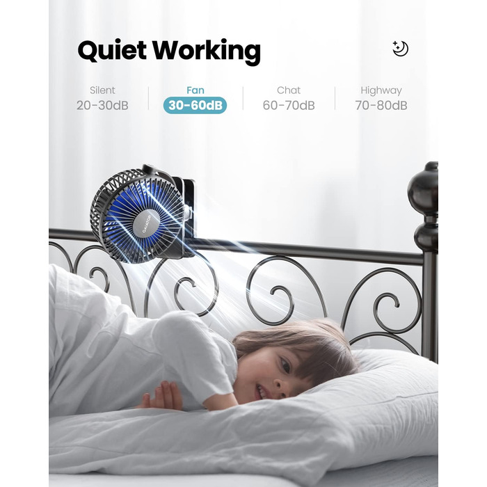 Портативний вентилятор Gaiatop на кліпсу, акумуляторний, компактний USB-вентилятор для столу, 3 швидкості, міні-вентилятор, чорний/блакитний (CF40)