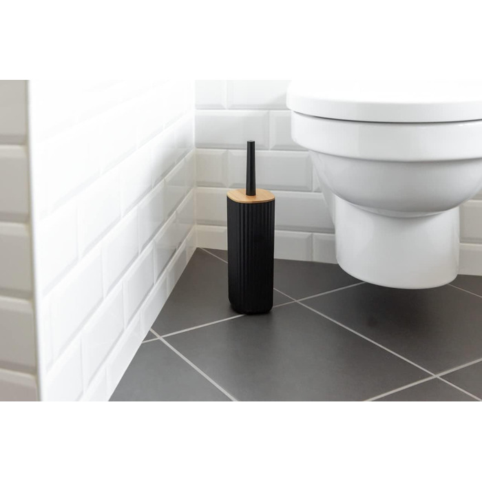 Набір для туалету WENKO Rotello: щітка та тримач з бамбуковим кришкою, білий/натуральний, Ø 10 x 36 см