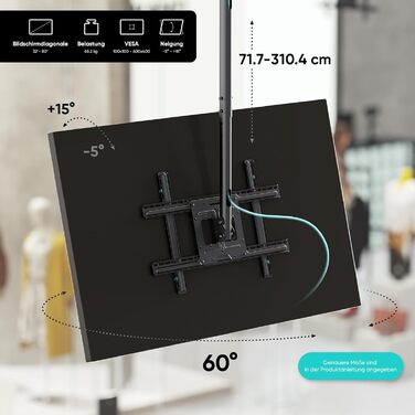 ONKRON Ceiling TV Mount for 32-80 inch TVs - Tilting & Swivel, VESA 100x100-600x400, Load Capacity 68kg, Adjustable Height, Black