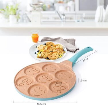 Млинцева пательня Joeji's Kitchen з 7 отворами зі смайликами, 26,5 см, антипригарна, легкий алюмінієвий литий корпус, для індукції, дитяча, універсальна для млинців та яєць, синя