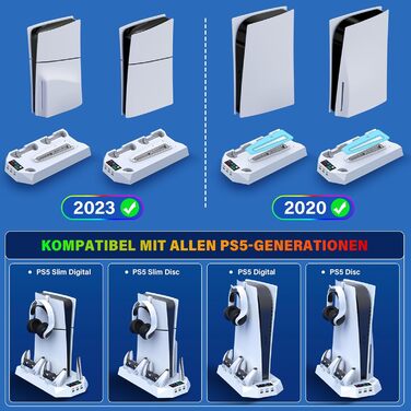 Підставка для PS5 Slim/Pro з зарядною станцією для контролера PlayStation 5 (Disc/Digital), аксесуари PS5 з RGB підсвіткою, вентилятором, тримачем для навушників, USB хабом, чорно-білий (Perlweiß Q311)