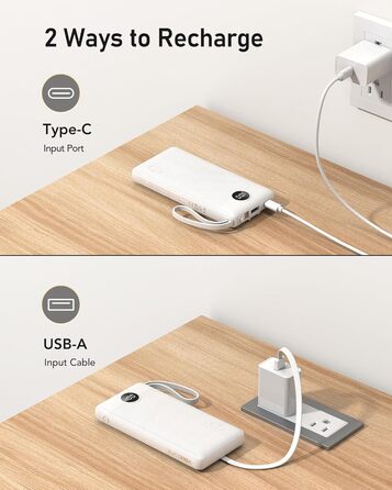 Power Bank 10000mAh з 5 виходами та 2 входами, LED дисплеєм та вбудованими кабелями. Сумісний з iPhone, iPad, Samsung, Xiaomi, Google Pixel.