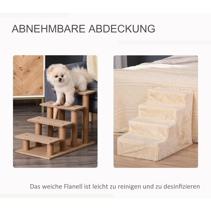 PawHut 4-Step Dog Stairs, 35 cm Cat Stairs for Bed and Sofa, Pet Stairs for Dogs and Cats up to 5 kg, Plush Appearance, Beige