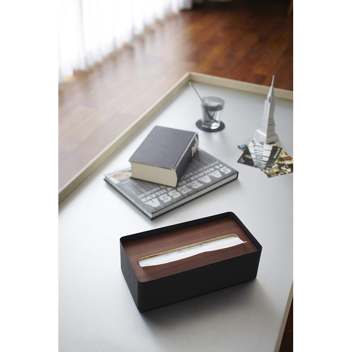 Yamazaki 7729 RIN Tissue Box with Lid, Black, Wood/Steel, Minimalist, 26 x 13 x 8.2 cm