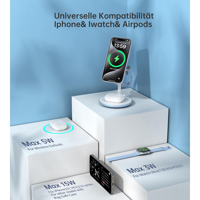 3-в-1 Індукційна зарядка для декількох пристроїв: iPhone 15/14, iWatch, AirPods, білий (блакитний)