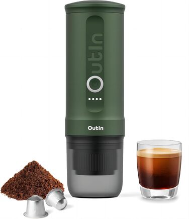 Outin Nano Portable Electric Espresso Machine, Camping Coffee Maker, Self-Heating with USB-C, Compatible with Ground Coffee & Nespresso Capsules, Forest Green