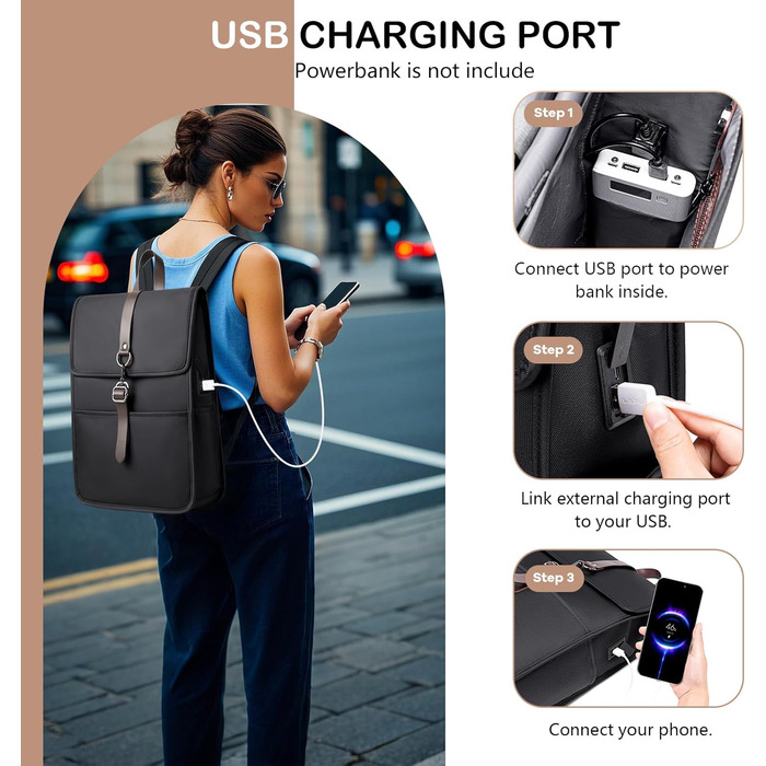 Рюкзак для ноутбука чоловічий/жіночий, 15.6 дюймів, з USB-портом, для подорожей, навчання, велосипеда (Чорний)