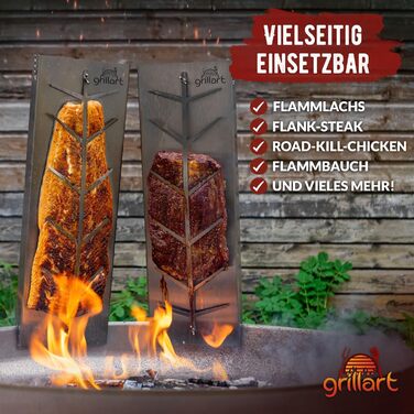 Grillart® XXL Преміум дошка для лосося з нержавіючої сталі – поворотна на 180° та з 5-позиційним регулюванням – для гриля та вогнища – міцна фурнітура для гриля – 55 см завдовжки та 18 см завширшки
