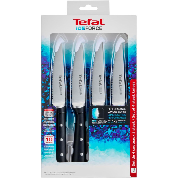Набір ножів Tefal Ice Force 3 шт. (м'ясний 20 см, Сантоку 18 см, універсальний 11 см) + ніж для стейків, нержавіюча сталь, чорний, K232S3