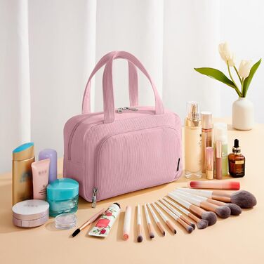 Косметичка для жінок Kalidi з багатьма відділеннями та відділенням для пензликів, велика, для подорожей, органайзер макіяжу, косметичка-рюкзак, темно-зелений (рожевий)