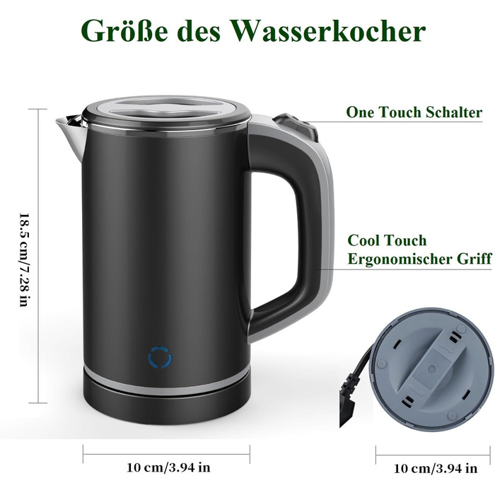 Електричний чайник MiliPow 0.8 л, 600W, для подорожей, з нержавіючої сталі, швидкий, з автовимкненням (чорний)