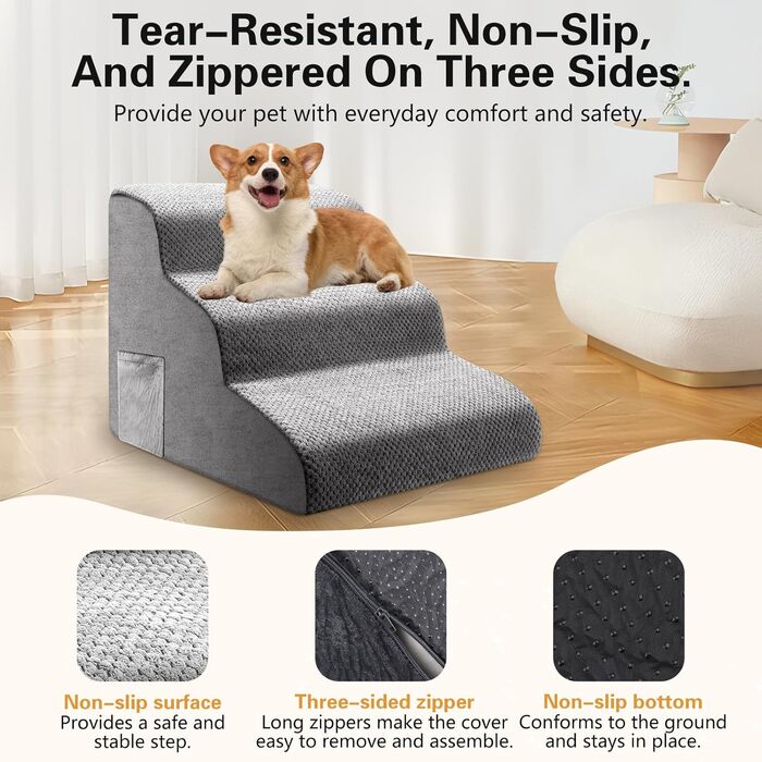 Сходинка для собак та котів 3 ступені, 40 см, протиковзка, для літніх тварин, з щільного піноматеріалу, знімна та миється, портативна рамка для собак, котів, софи, ліжка, авто