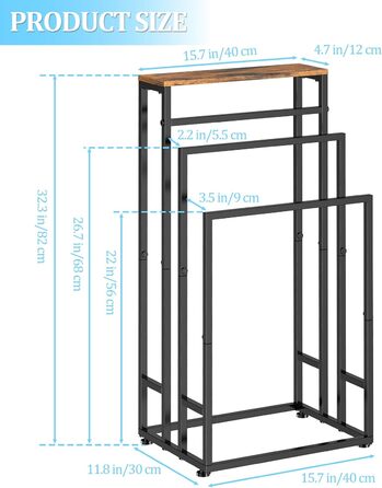 Підставка для рушників стояча, 3-ярусна з полицею з дерева, металева, з регульованими ніжками, для ванної кімнати та спальні, 40x30x82 см (колір: коричневий)