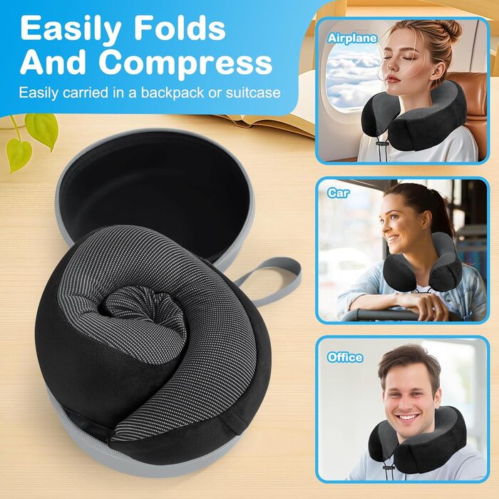 Подушка для шиї в літак, доросла, Memory Foam, регульована, компактна, з навушниками, маскою для сну та чохлом (чорна)