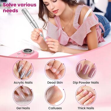 Професійний портативний фрезер для нігтів 45000 об/хв з LCD-дисплеєм (рожевий)