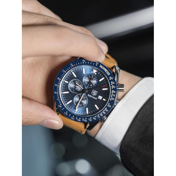 Годинник чоловічий Benyar Chronograph з кварцовим механізмом, аналоговий, з шкіряним ремінцем. Стильний дизайн для бізнесу, спорту та повсякденного носіння. Водостійкий (30M). Елегантний подарунок для чоловіків. Колір: блакитний