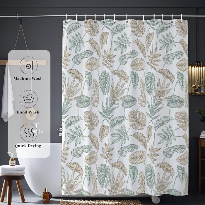 Штора для душу 180x200 см, текстильна, зелена. Матеріал: поліестер, антигрибкова, водонепроникна, з обтяженим краєм, з люверсами та 12 кільцями для душу. Підходить для ванни.