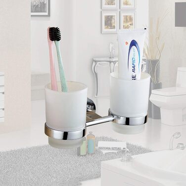 Double-Walled Glass Holder Toothbrush Holder Stainless Steel Double Wall Holder with 2 Glass Cups