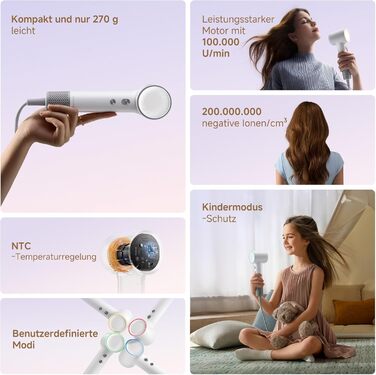 Фен для волосся DREAME Hair Dryer - Швидке сушіння, 110 000 обертів/хв, іонізація, регулювання температури та швидкості, насадка-дифузор, тиха робота, білий