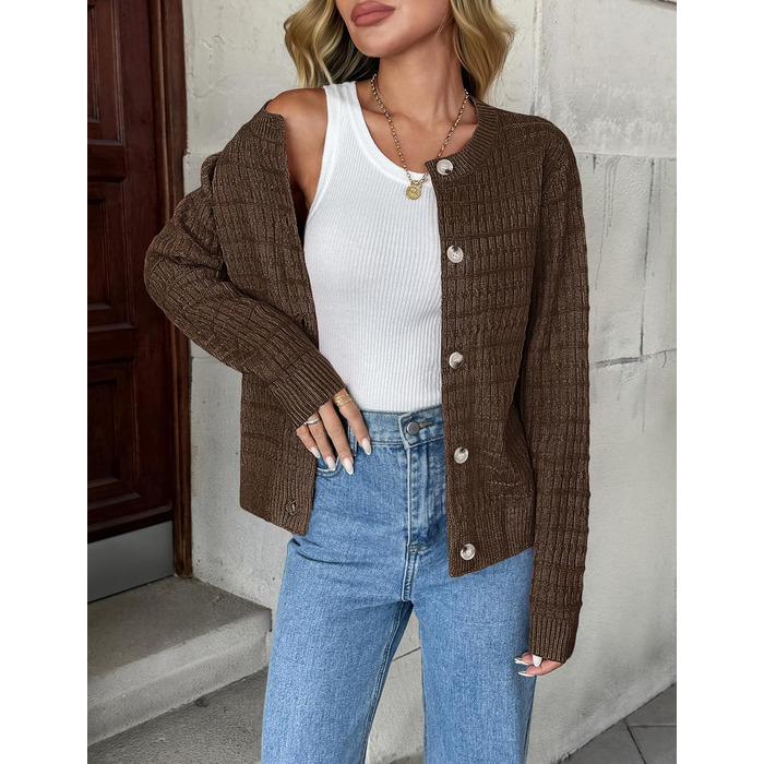 Жакет Zeagoo з довгими рукавами, кардиган з круглим вирізом, в'язаний жакет на ґудзиках, відкритий спереду, в'язаний светр, елегантний жакет Zeagoo для жінок (XXL, A-коричневий)