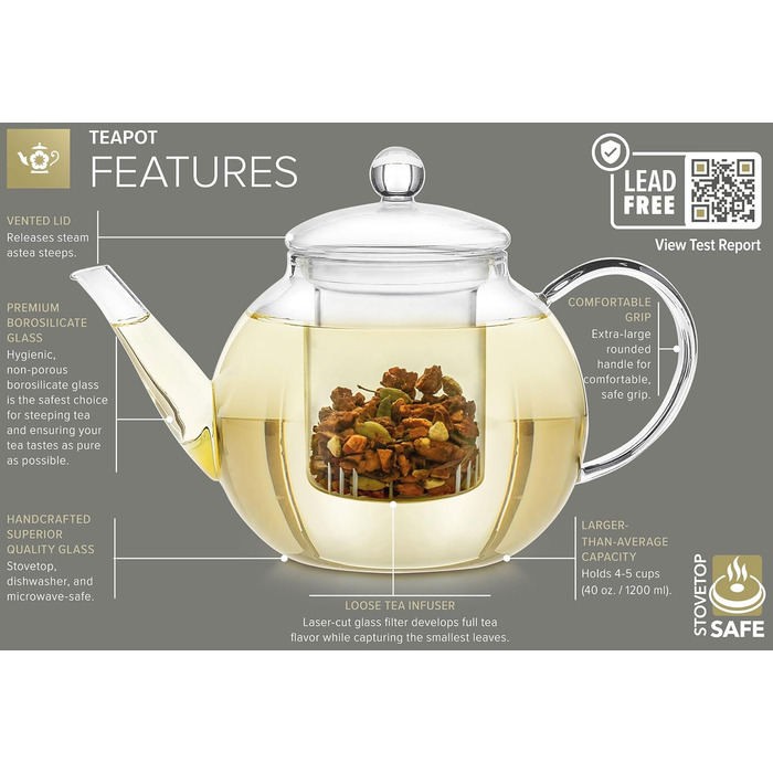 Скляний чайник Teabloom 1,2 л з фільтром, термостійкий, для чаю, для мікрохвильовки, 2 чайні квітки в комплекті