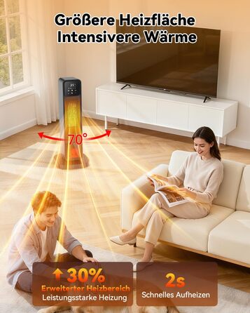 Ефективний енергозберігаючий обігрівач, 1500W PTC кераміка, 34 dB, термостат, таймер 12 год, захист від перегріву та перекидання, з пульт дистанційного керування (матовий чорний)