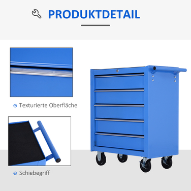 HOMCOM Mobile Tool Cart Tool Wagon Rolling Cart Tool Box with 5 Drawers Blue