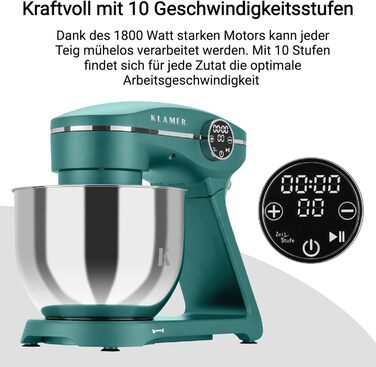 KLAMER 1800W Stand Mixer - Stainless Steel Bowl 6L, 10 Speed with Timer, Planet Mixing Action, Dough Hook, Whisk & Beater - Turquoise