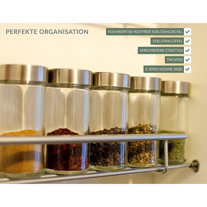 Kesign 20-Piece Spice Jar Set - with high-quality stainless steel lids - round spice containers incl. labels, shaker insert, funnel, and stainless steel spoon for spices - Perfect storage for the kitchen