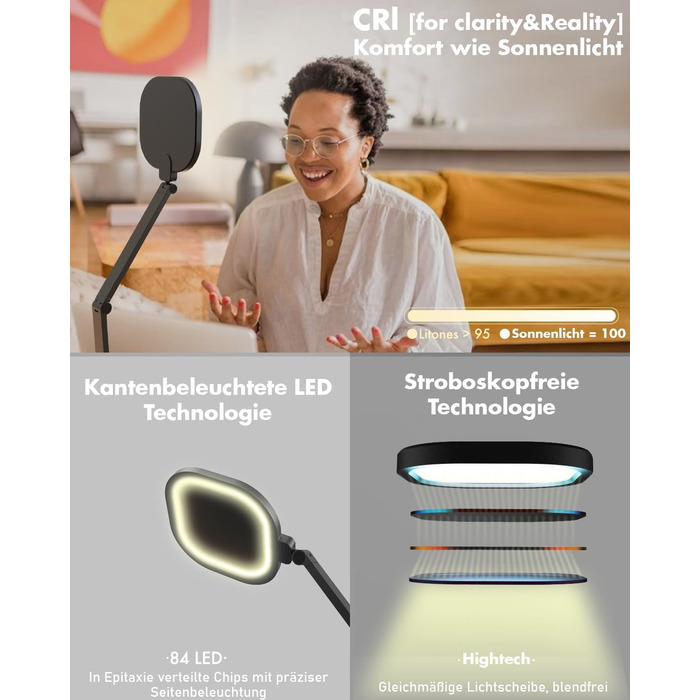 Стійка лампа LED з регулюванням яскравості, захист зору, денне світло, торшер для столу з 3 режимами кольору та сенсорним керуванням/функцією пам'яті, 15W, поворотна, чорна