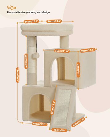 PETEPELA Scratching Post with Dual Condos for Apartment Cats, All-in-One Cat House with Padded Perch, Scratch Ramp and Post, and Replaceable Balls Beige