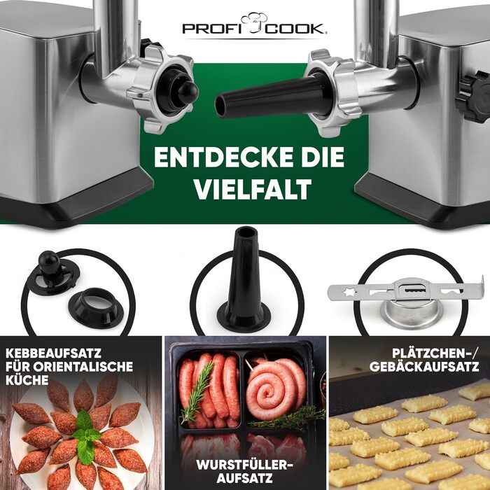 Електричний м'ясорубка ProfiCook PC-FW 1272 з насадкою для печива та ковбасних виробів | 1200W, нержавіюча сталь (2024)