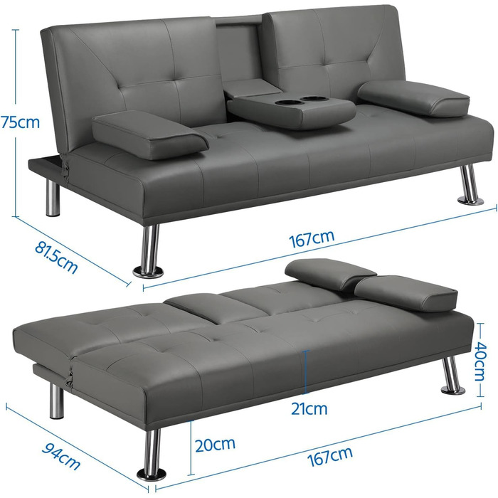 Yaheetech 3-Seater Convertible Sofa Bed with Cup Holders and Reclining Backrest
