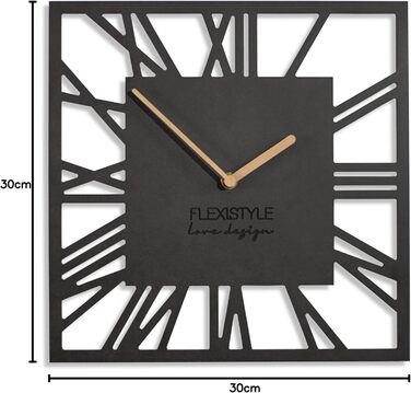 FLEXISTYLE Wall Clock No Ticking Sound Modern LOFT Piccolo Square 30cm Living Room Bathroom (Black), z219n