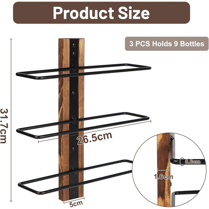 Настінна полиця для вина DBREAKS на 9 пляшок, дерев'яний тримач для вина, органайзер для винної пляшки для вітальні, спальні, винного погреба, бару