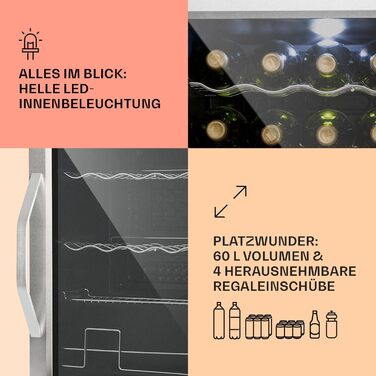 Міні-холодильник Klarstein з дверцятами зі скла, 60 літрів, для кімнати, тихий, срібно-чорний