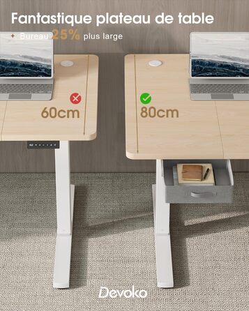 Регульований стіл Devoko 160x80 см з ящиками, USB-порт, органайзер для кабелів, стіл для комп'ютера з 3 функціями пам'яті, білий