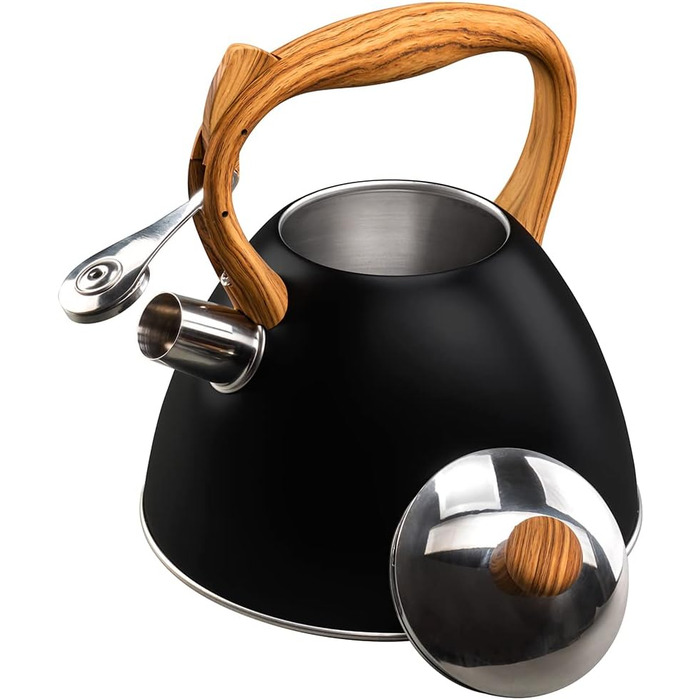 Чайник VILDE 3L з індукційною плитою, нержавіюча сталь, матовий чорний, з імітацією дерев'яної ручки. Підходить для сучасних та традиційних кухонь. Підходить для всіх типів плит, включаючи індукційні.