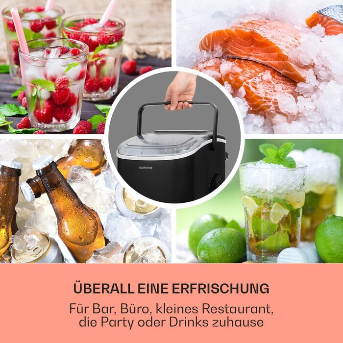 Klarstein Ice Maker - 12kg/24h, 2 sizes, 1.3L water tank, LED displays, transparent lid, portable, ice cube maker for parties/garden events (Black)