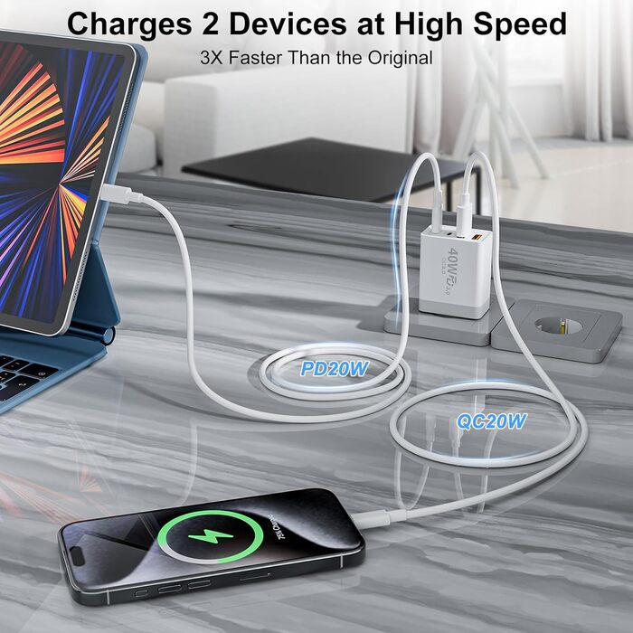 Мережевий зарядний пристрій 40W з 4 портами USB-C та USB-A (2 шт.) - для iPhone, iPad, Samsung, Tablet. Підтримка PD 3.0