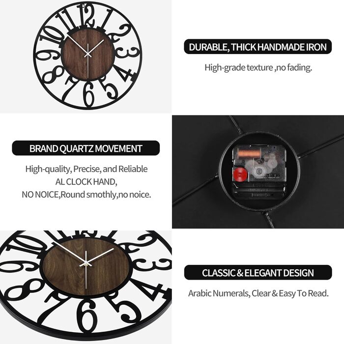 Large Wall Clock - Ticking Sounds, 34CM/14 Inch Silent, No Noise, Battery Operated, Modern, Oversized, Retro Vintage Large Wall Clock for Living Room, Bedroom, and Kitchen (14inch, Dark Brown - Arabic Numbers)