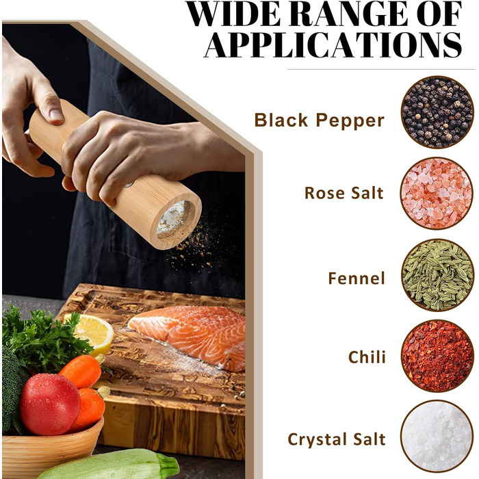 BOCHION Salt and Pepper Grinder Set of 2, Spice Grinder with Transparent Window and Coaster, Large Wooden Salt and Pepper Grinder with Manually Adjustable Ceramic Grinding Core, for BBQ, Restaurant, Kitchen, 18 cm